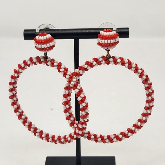 J Crew Red White Seed Bead Hoop Dangle Post Earrings Striped Oversized Playful - Picture 1 of 6